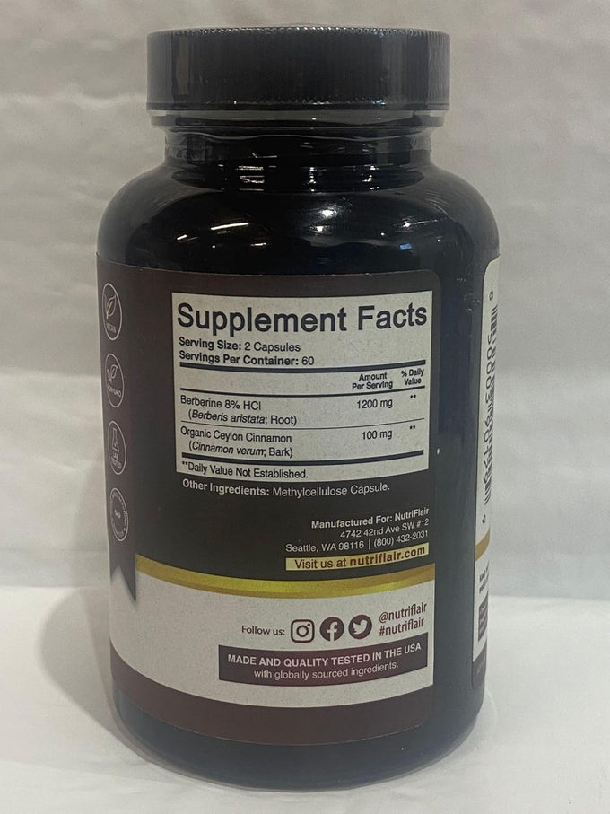 NutriFlair Premium Berberine HCL 1200mg, 120 Capsules - Plus Pure True Ceylon Cinnamon, Berberine HCI Root Supplements Pills - Immune System - Made in USA