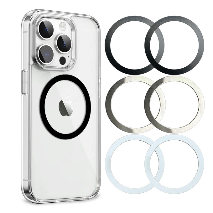 Universal Metal Rings Compatible with Magsafe Sticker,Magnetic Ring for Phone Cases & Wireless Charging, 6 Pack (2 Black,2 White & 2 Silver)