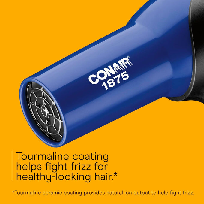 Conair Hair Dryer, 1875W Turbo Blow Dryer with Tourmaline Coating and Ionic Conditioning, Includes Diffuser and Concentrator Attachments, 2 Heat & 2 Speed Settings, Blue/Black