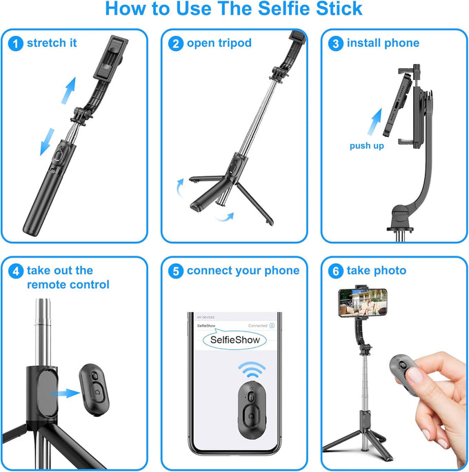 SelfieShow Extendable Selfie Stick Tripod – Wireless Remote, Portable & Lightweight for iPhone & Samsung
