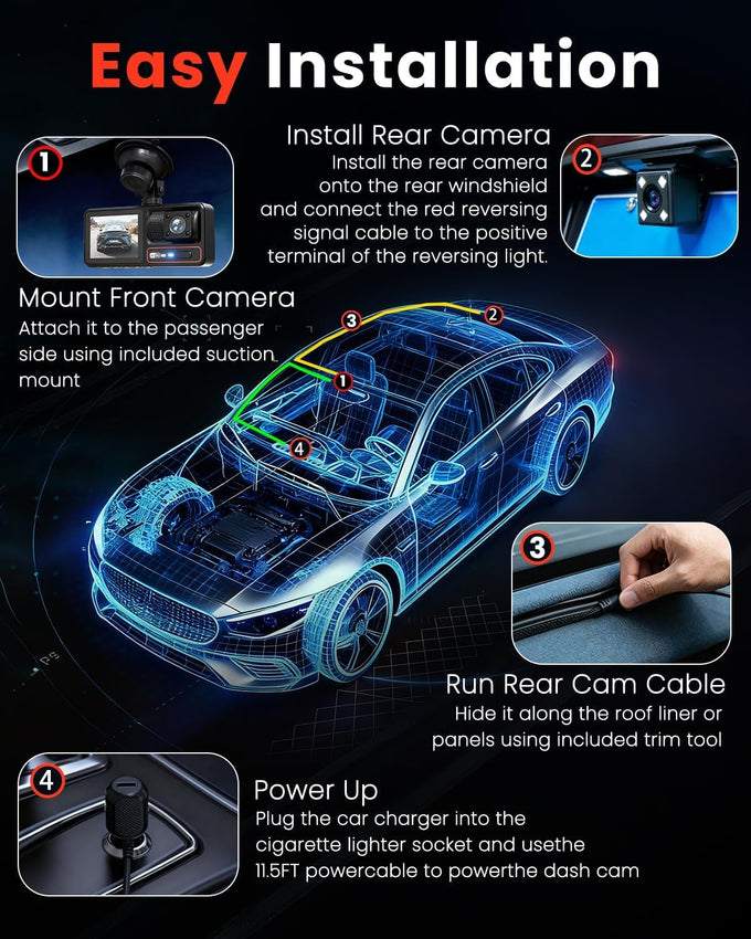 3 Channel Dash Camera for Cars,Triple Lens 4K+1080P+1080P Dash Cam Front Rear Inside,Built-in 5G WiFi & App, Night Vision,24H Parking Mode,Loop Recording,170° Wide Angle,32GB Card Included(Black)