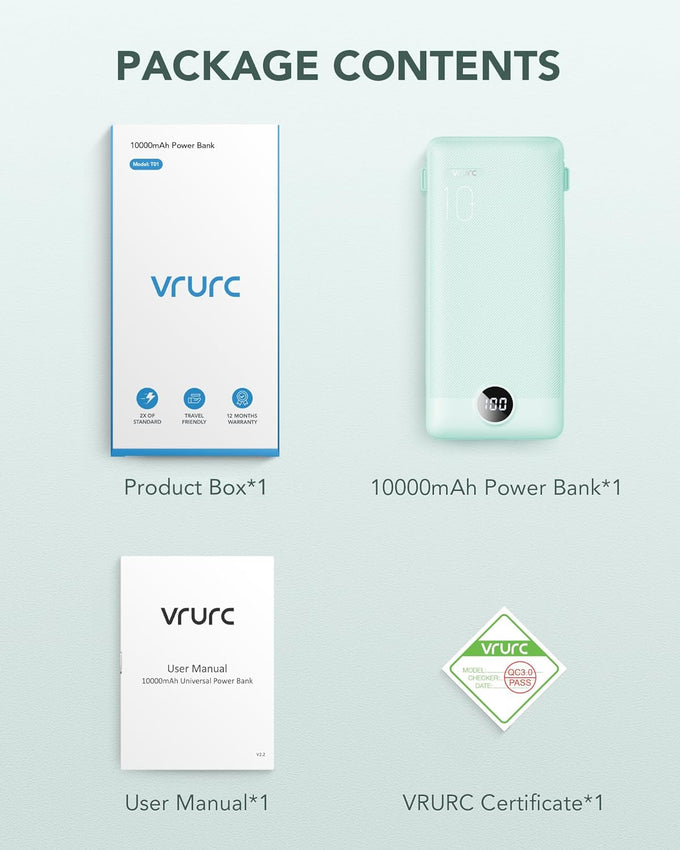 VRURC Portable Charger Built-in Cables and AC Wall Plug, USB C Power Bank 10000mAh, Travel Battery Portable Phone Charger Compact Lightweight External Battery Pack for Smart Phones, Tablets etc-Green