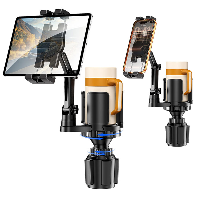 Tablet Holder for Car, 3 in 1 Cup Holder ipad Car Mount with Expander, Adjustable Base and Long Arm with 360°Rotation Phone ipad Holder Compatible for 4-12.9‘’ Tablet, All Smartphones and Most Bottles