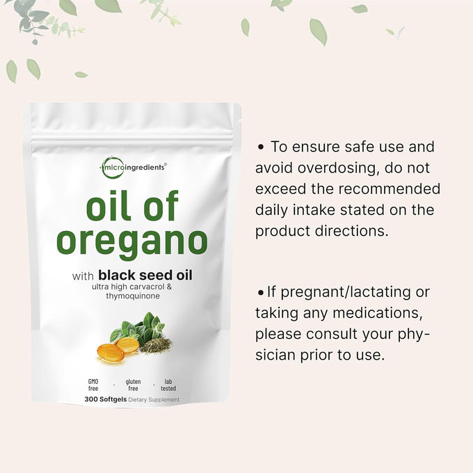 Micro Ingredients Oil of Oregano Softgels, 300 Count | 2 in 1 Formulated with Black Seed Oil | 4X Strength Carvacrol & Thymoquinone | Plant Based, Non-GMO