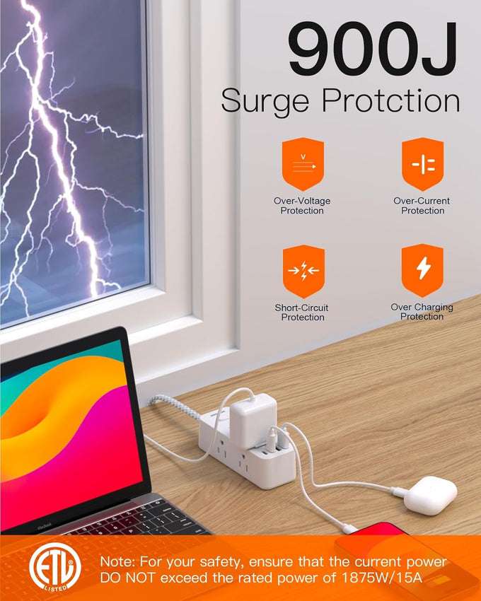 Power Strip Surge Protector, BESHON 5Ft Extension Cord, 6 Outlets with 4 USB Ports (2 USB C Outlet), 3-Side Outlet Extender, Wall Mount, Compact for Travel, Home, College Dorm Room and Office