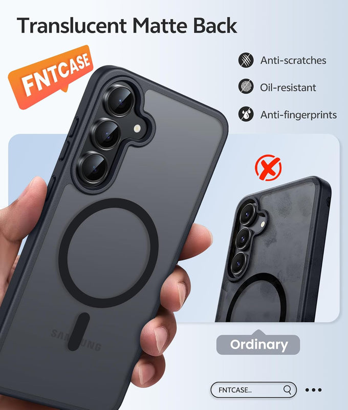 FNTCASE for Samsung Galaxy S25 FE Case: Magnetic Translucent Matte Military Grade Drop Proof Protection Cell Phone Cover - Slim Rugged Durable Shockproof Protective S25Fe Cases (Black-6.7 inch)