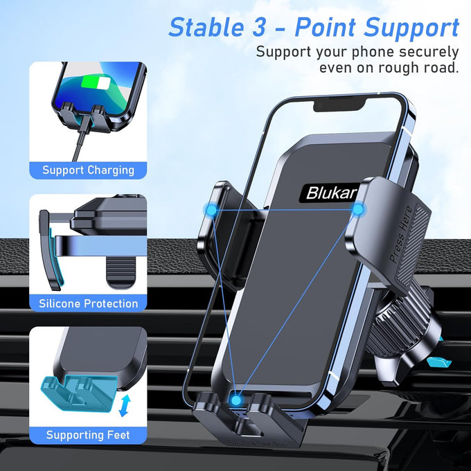 Blukar Car Phone Holder Mount, Super Stable Air Vent Cell Phone Car Mount with 2025 Metal Hook Clip, 360° Rotation,One Button Release for iPhone, Galaxy, Google, and All Other Smartphones