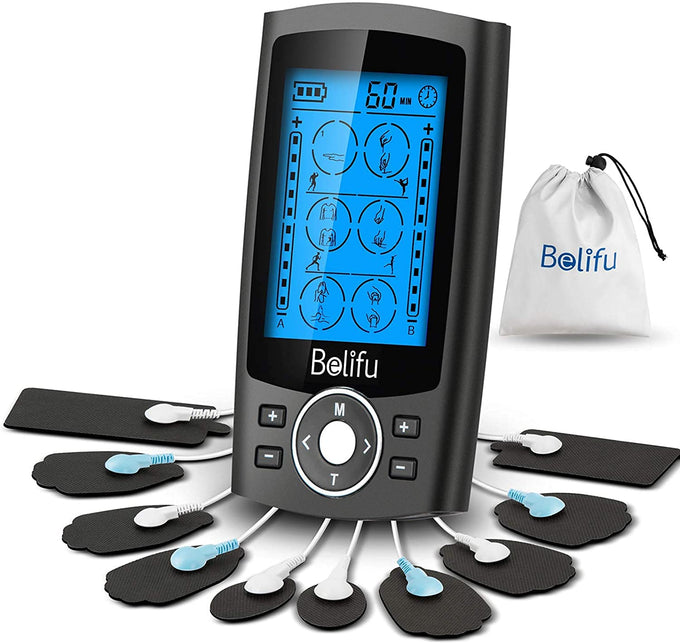 Belifu Dual Channel TENS EMS Unit – 24 Modes Muscle Stimulator with 10 Pads, Rechargeable Electronic Pulse Massager