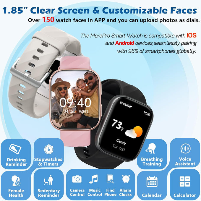 MorePro Health Fitness Tracker with 24/7 Heart Rate/Blood Pressure Monitor, Blood Oxy-gen/Sleep Tracking, 120+ Sports Activity Tracker, Smart Watch (Make/Answer Call) with Step Counter for Women Men