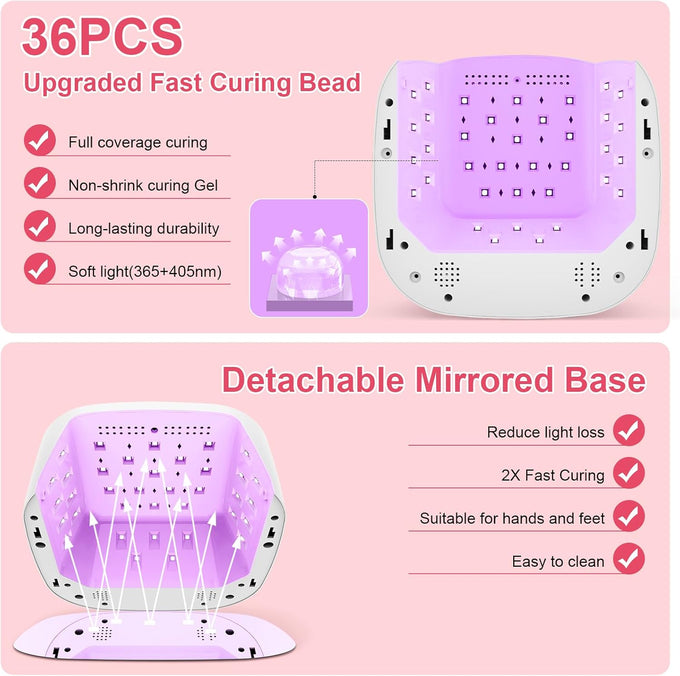 Cordless UV LED Nail Lamp, 80W Rechargeable Nail Dryer with 4 Timers, Atmosphere Light & Mirror Base, UV Light for All Gel Nails, Ideal for Training,Nail Art Practice,Home & Salon Use (White)
