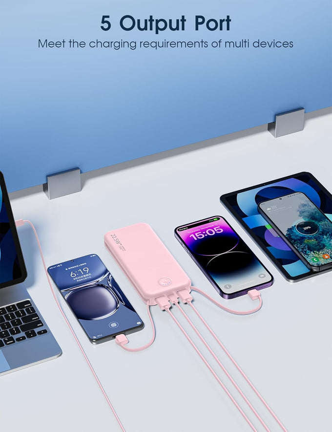 Portable Charger, 12000mAh 22.5W Fast Charging Power Bank with Built-in Cables & Wall Plug, Travel Essentials External Battery Pack, USB C Battery Phone Charger for iPhone, iPad, Samsung Pink