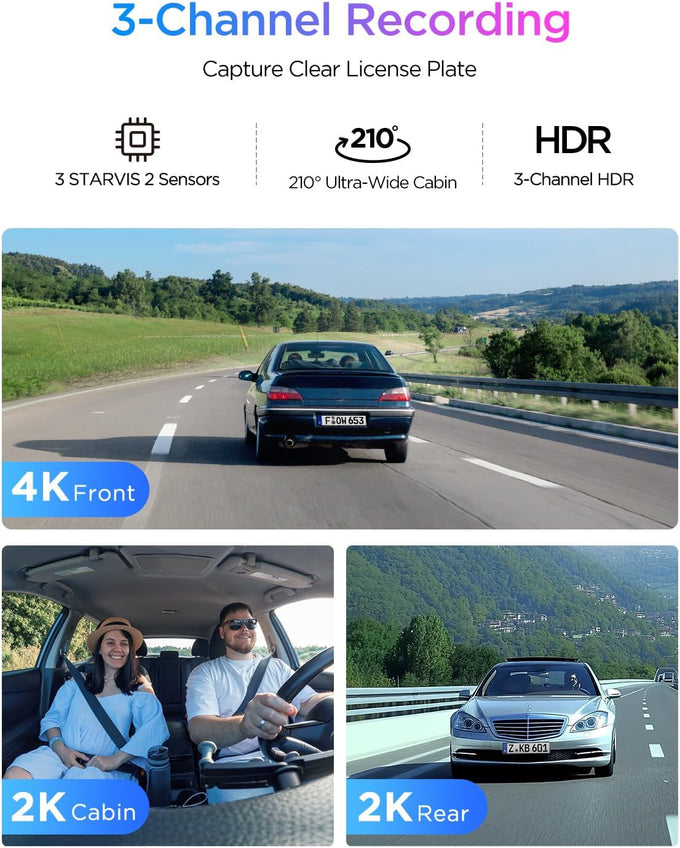 VIOFO A329S 4K 3 Channel Dash Cam, 4K Front + 2K Cabin Fisheye (210°) + 2K Rear, Power Saving Parking Mode, Wi-Fi 6 App Control, All-Channel STARVIS 2 Sensors, Supports up to 4TB SSD Storage
