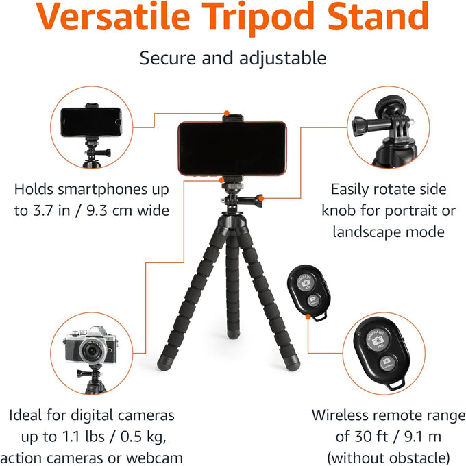 Portable and Flexible Tripod with Wireless Remote and Smartphone Clamp, 10-inch long, Black