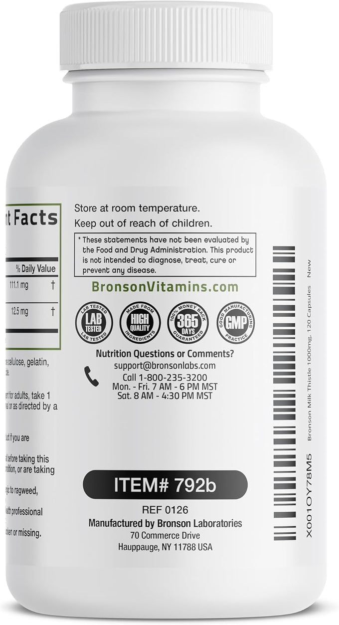 Bronson Milk Thistle Silymarin Marianum & Dandelion Extract Liver Health Support, Antioxidant Support, Detox, 120 Capsules