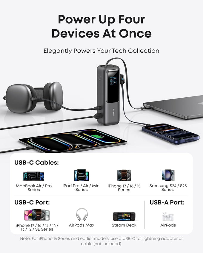 Anker Laptop Power Bank, 25,000mAh Portable Charger with Triple 100W USB-C Ports, Built-in Retractable Cables, Flight-Approved for Travel, iPhone 17/16 Series, MacBook, Samsung, and More