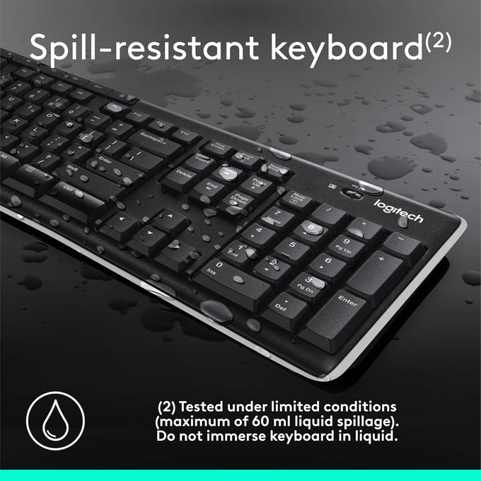 Logitech K270 Wireless Keyboard for Windows, 2.4 GHz Wireless, Full-Size, Number Pad, 8 Multimedia Keys, 2-Year Battery Life, Compatible with PC, Laptop, Black