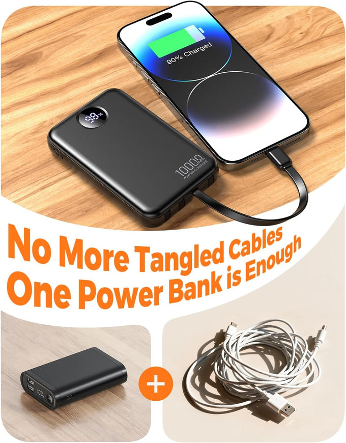 Portable Charger 10000mAh Power Bank with 4 Built-in Cables,LED Display Compact and Battery Pack with Multiple USB Ports All-in-One Travel Charger for iPhone,Android and Other Devices-Black