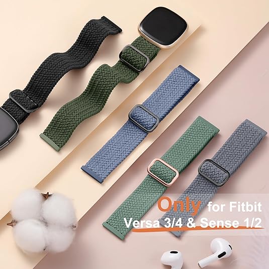 Maledan Braided Stretchy Band Compatible for Fitbit Sense/Versa 3/4 and Sense 2, Soft Elastic Strap Bracelet Wrist Bands for Smart Watch, Accessory for Men and Women
