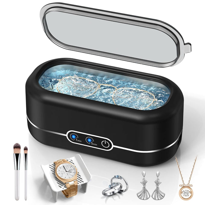 Ultrasonic Jewelry Cleaner, 48KHz Jewelry Ultrasonic Cleaner Machine for All Jewelry, Glasses, Rings, Retainers, Watch Strap, Dentures, 304 Stainless Steel 12oz Cleaning Pod - Black