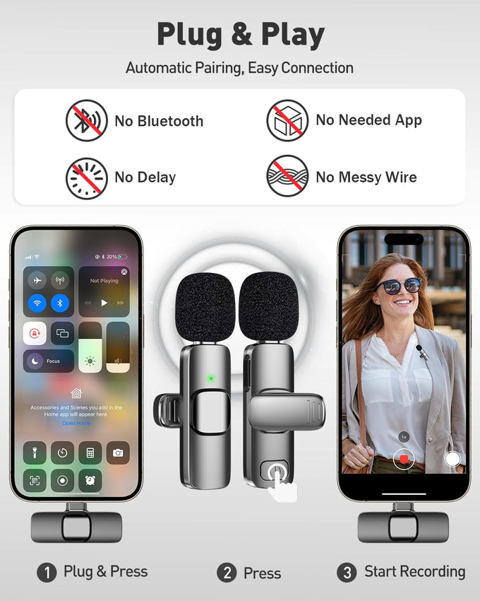 PoP voice USB C Mini Microphone for iPhone 16/15/14/Android, Wireless Lavalier Microphone with Noise Reduction, Lapel Lav Mic for Vlog YouTube TikTok Recording, 12H, 65ft