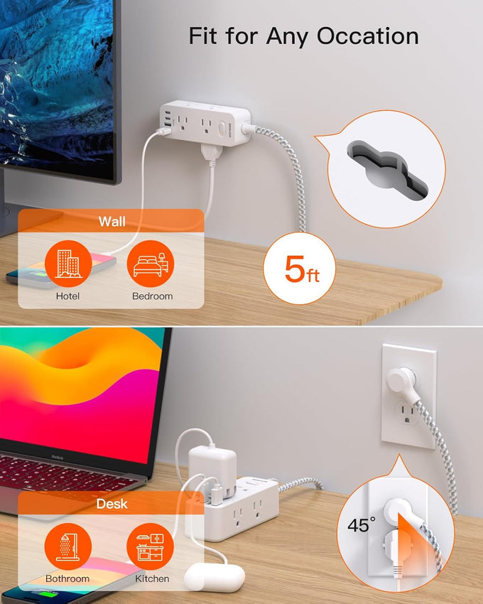 Power Strip Surge Protector, BESHON 5Ft Extension Cord, 6 Outlets with 4 USB Ports (2 USB C Outlet), 3-Side Outlet Extender, Wall Mount, Compact for Travel, Home, College Dorm Room and Office