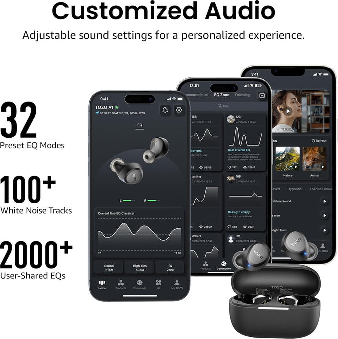TOZO A1 Wireless Earbuds Bluetooth 5.3 Light Weight in Ear IPX5 Waterproof Headphones 2 Mic for AI Calls, Immersive Premium Sound Bass Headset with Charging Case, 32 Presets EQ Customization via App