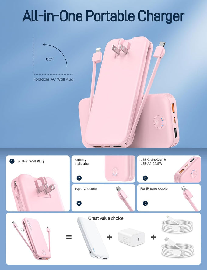 Portable Charger, 12000mAh 22.5W Fast Charging Power Bank with Built-in Cables & Wall Plug, Travel Essentials External Battery Pack, USB C Battery Phone Charger for iPhone, iPad, Samsung Pink
