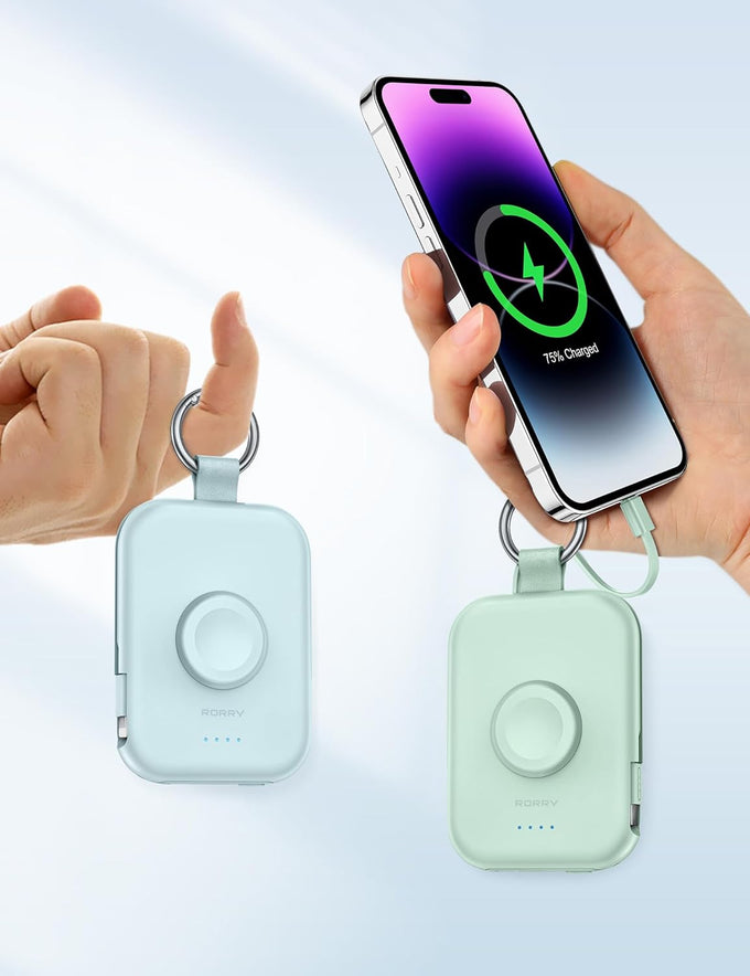 RORRY Portable Charger, 5000mAh Portable Charger Power Bank with Built-in Cables, Travel Keychain Battery Pack for Apple Watch Ultra/11/10/9/8/7/6/SE, iPhone Air/17/16/15/14/13/12, Black
