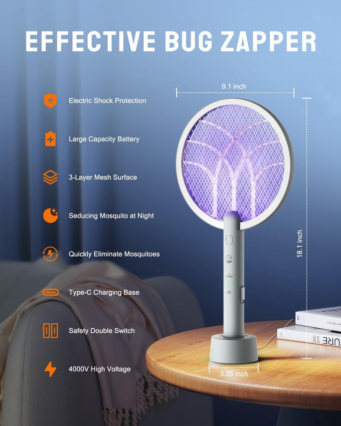 Electric Fly Swatter Racket, 4000V Bug Zapper with 1800mah Rechargeable Battery & Dual Modes, 2 in 1 Purple Mosquito Light Killer with 3-Layer Safety Mesh for Indoor Home Patio Camp(1 Pack)