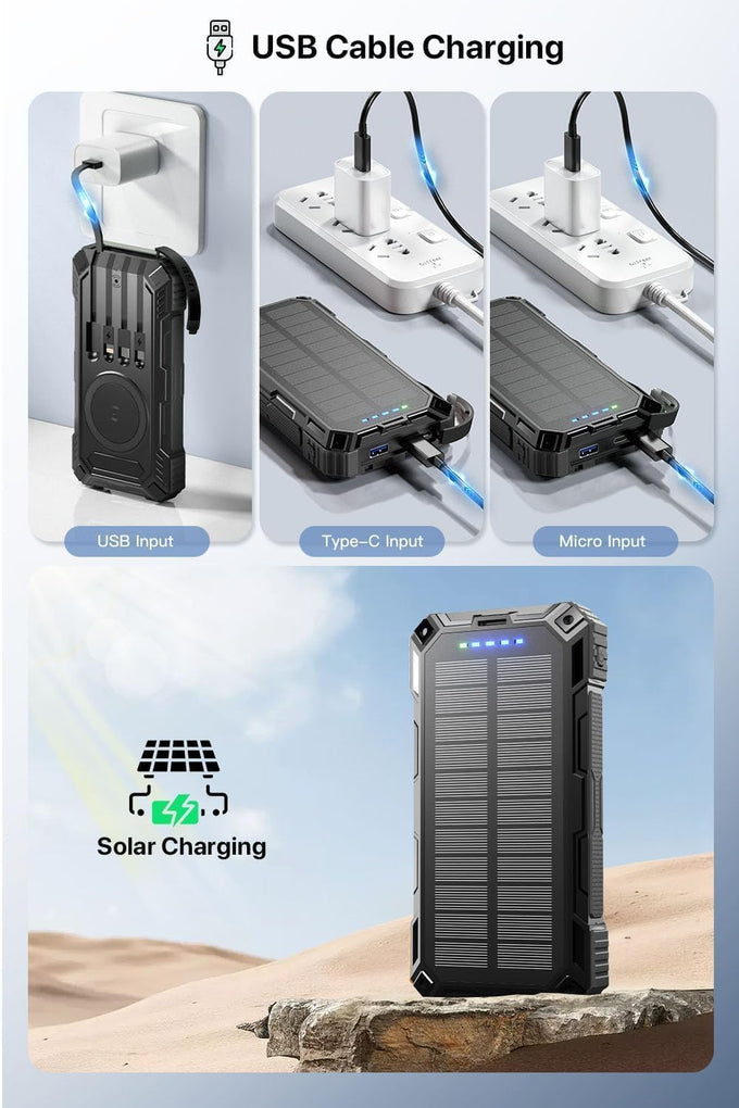 Power Bank 49800mAh Solar Portable Charger Wireless Charging USB-C 15W Fast Charging with 4 Built-in Cables LED Flashlight Battery Pack Compatible with iPhone, iPad, Perfect for Camping,Hiking