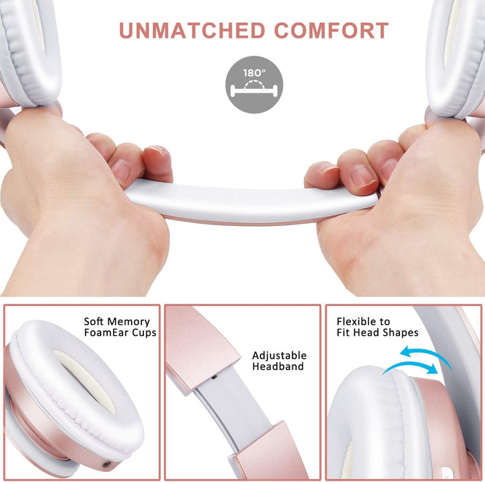 ZIHNIC Bluetooth Headphones Over-Ear – Foldable Wireless & Wired Stereo Headset, FM & Micro SD, Lightweight Rose Gold