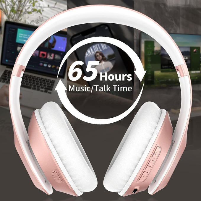 Glynzak Wireless Bluetooth Headphones Over Ear 65H Playtime HiFi Stereo Headset with Microphone and 6EQ Modes Foldable Bluetooth V5.3 Headphones for Travel Smartphone Computer Laptop Rose Gold