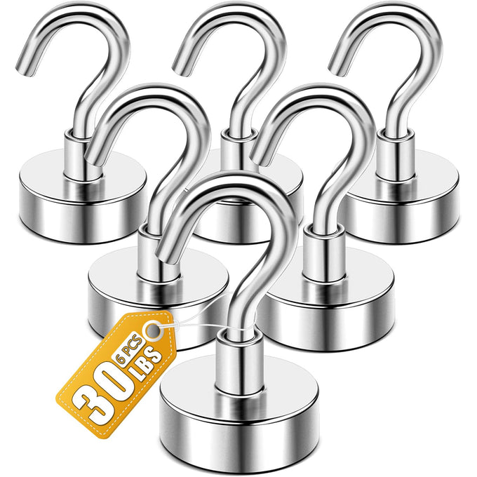 DIYMAG Magnetic Garage Hooks 6 Pack 30lbs 2026 Cruise Cabin Ship Essentials N52 Hook Heavy Duty Strong Magnets Fridge for Classroom Wall Mount Kitchen Grills Silver