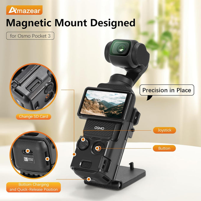 AMAZEAR Magnetic Mount Stand Compatible with DJI Osmo Pocket 3, Upgraded Pocket3 Accessories Adapter Clamp Magnet Suction Case Holder on Desktop, Vertical Surface, 180° Adjustable Handle, Black