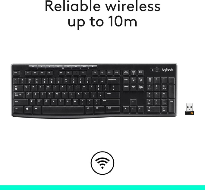 Logitech K270 Wireless Keyboard for Windows, 2.4 GHz Wireless, Full-Size, Number Pad, 8 Multimedia Keys, 2-Year Battery Life, Compatible with PC, Laptop, Black