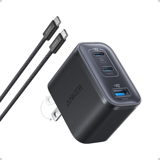 Anker Nano Charger, Ultra-Fast 70W Output 3-Port USB C Charger Block, Fast Charging, Compact and Stylish, for iPhone 17/16 Series, MacBook, iPad, Pixel, Galaxy, and More(Black, Cable Included)