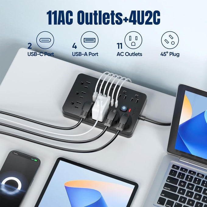 6 FT Flat Plug Surge Protector Power Strip,11 Multiple AC Outlets with 6 USB Ports (2 USB C), 6 Feet Extension Cord, 1250W/10A, One Touch Switch Button, 17 in 1 Compact powerstrip