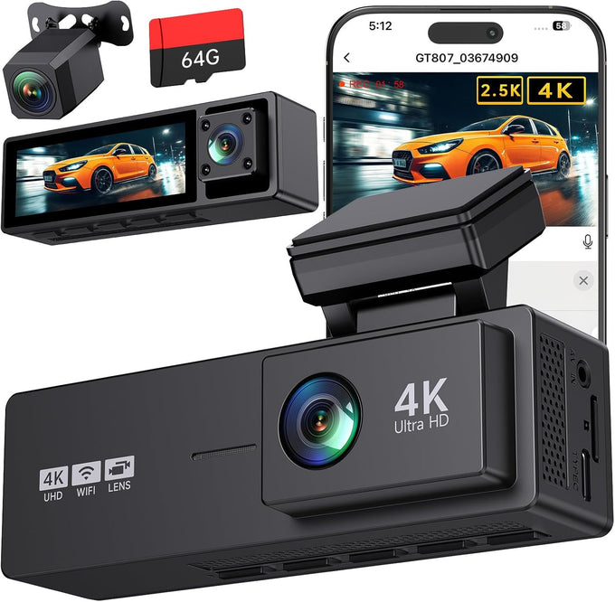 4K 3 Channel Dash Cam Front and Rear,4K+2.5K+1080P Dash Camera for Cars Inside,3.2" Screen Dash Camera for Cars, WiFi APP Control,4 IR Night Vision, G-Sensor, 24H Parking Mode, 64GB SD Card Included