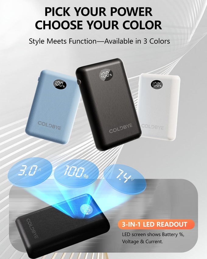 ColdBye 7.4V/5V Battery Pack for Heated Vest, Ultra-Small 10000mAh Battery Pack for Heated Jacket with LED Display Compatible with DC 7.4V/ USB&Type-C 5V 2A - Heated Clothing & Heated Chair