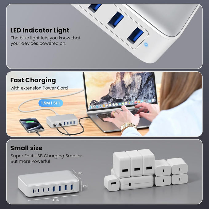 USB C Charger 200W USB C Charger Block,Upgraded GaN III 8-Port Fast Charging Station Hub,PD 65W Laptop Charging Adapter Compatible with MacBook Pro/Air,DELL,Steam Deck,iPhone 16/15/14,Galaxy S23/22