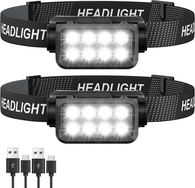 Rechargeable Headlamp Flashlight 2-Pack, 8 LED 2500 Lumen Ultra-Light Bright Headlight, Waterproof Lightweight Head Lamp for Adult Kid, Headlamps for Outdoor Camping Running Fishing