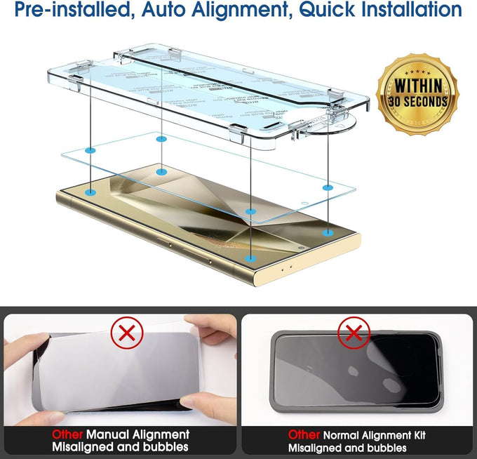 amFilm Auto-Alignment OneTouch for Samsung Galaxy S24 Ultra 6.8'' Screen Protector + Camera Lens Protector, Tempered Glass, 30 seconds Installation, Bubble Free, Case Friendly, Anti-Scratch [2+2 Pack]
