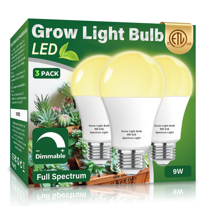 3 Pack A19 LED Grow Light Bulbs – Full Spectrum 9W E26, Dimmable, Indoor Plant & Greenhouse (100W Replacement)