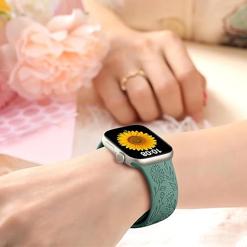 SNBLK 6 Pack Floral Engraved Bands Compatible with Apple Watch Bands 40mm 41mm 42mm 38mm 44mm 45mm 46mm 49mm Women Men, Silicone Flower Pattern Strap for iWatch Series 11 10 Se Ultra 9 8 7 6 5 4 3 2 1