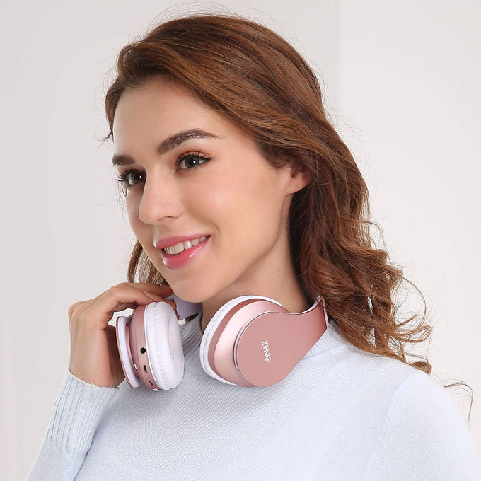 ZIHNIC Bluetooth Headphones Over-Ear – Foldable Wireless & Wired Stereo Headset, FM & Micro SD, Lightweight Rose Gold