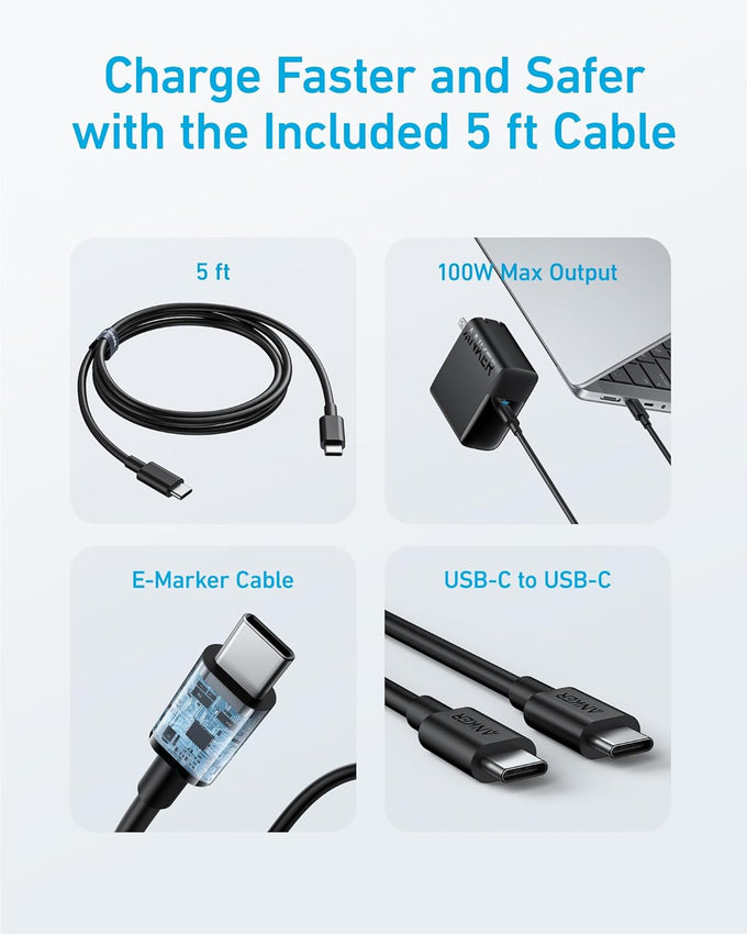 Anker MacBook Charger, Compact and Foldable 100W USB C Charger for MacBook Air, Samsung Galaxy, iPhone 17/16 Series, iPad Pro, and More, 5FT USB C Cable Included