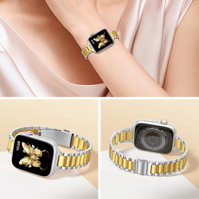 WFEAGL Thin Metal Bands Compatible with Apple Watch Band 42mm (Series 11 10) 41mm 40mm 38mm for Women, Slim Stainless Steel Wristbands for iWatch SE Series 9 8 7 6 5 4 3 2 1 (Silver+Gold)