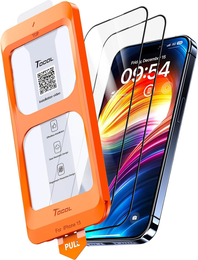 TOCOL for iPhone 15 Screen Protector [Military Grade Shatterproof] HD Tempered Glass for iPhone 15 Full Coverage Screen Protector, Anti-Fingerprint, Easy Installation, 2 Packs