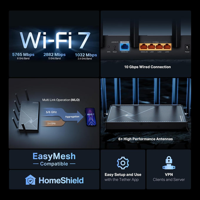 TP-Link Tri-Band BE9700 WiFi 7 Router Archer BE600 | 10G WAN/LAN +2.5G +3× 2.5G Ports, New 320Mhz Channel | Covers up to 2,600 Sq. ft and 120 Devices | VPN, HomeShield for Network Security