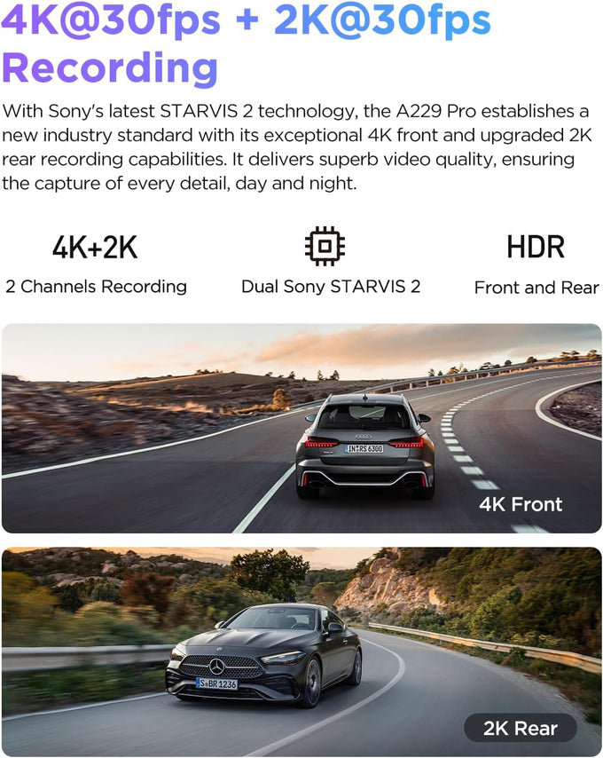 VIOFO A229 Pro 4K HDR Dash Cam, Dual STARVIS 2 IMX678 IMX675, 4K+2K Front and Rear Car Camera, 2 Channel with HDR, Voice Control, 5GHz WiFi GPS, Night Vision 2.0, 24H Parking Mode